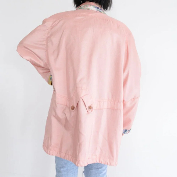 Vintage Sequence Peach Nylon w Floral  Collar & Cuff Zip Up Utility Jacket 18 - Picture 3 of 12